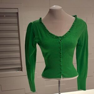 Large Urban Outfitters Green button-up sweater with ruffled neckline-worn once